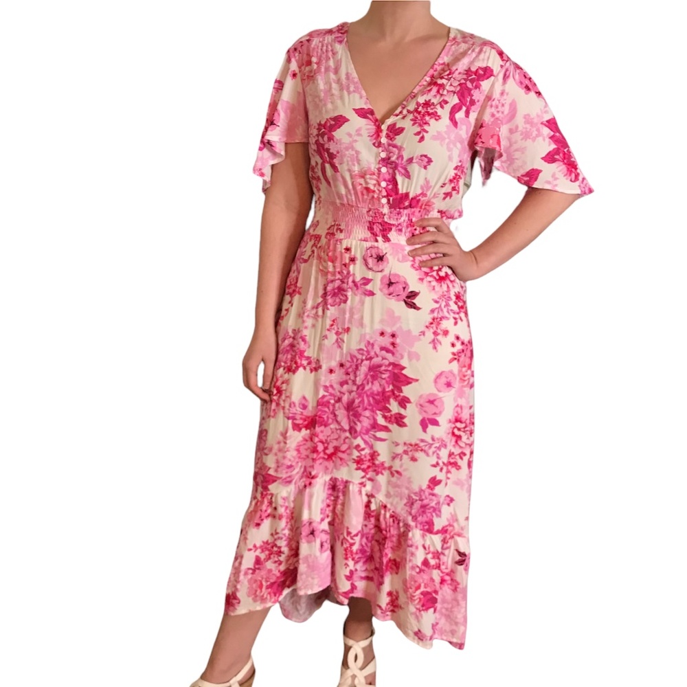 ABEL THE LABEL | SIZE: SMALL | STUNNING WHITE/PINK FLORAL MAXI HIGH-LOW DRESS